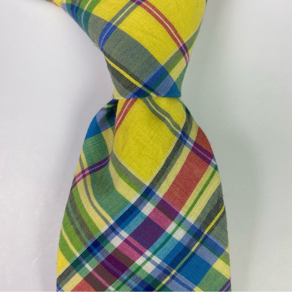 Vintage Polo Ralph Lauren Tie Necktie Cotton Plaid Tartan Yellow Italy Skinny